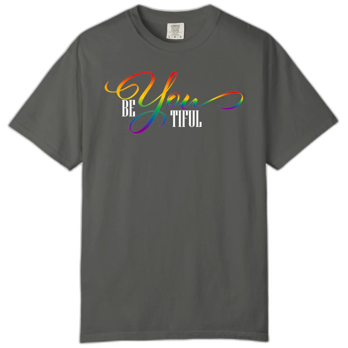 Colorful be-you-them-pride design with flowing rainbow gradient text transitioning from red to purple on gray background in Pepper