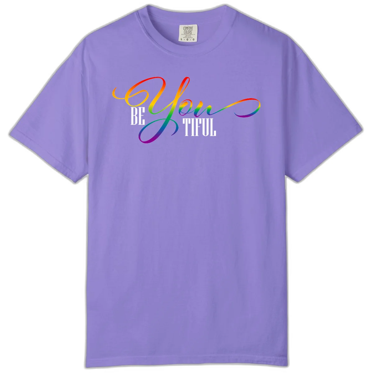 Colorful be-you-them-pride design with flowing rainbow gradient text transitioning from red to purple on gray background in Violet