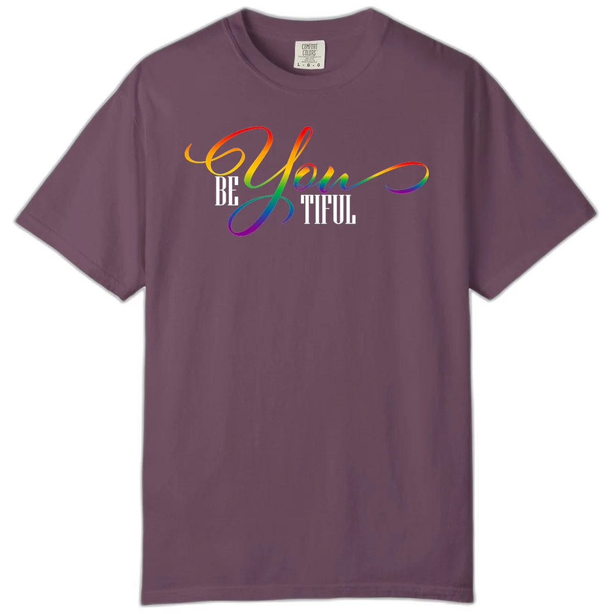 Colorful be-you-them-pride design with flowing rainbow gradient text transitioning from red to purple on gray background in Berry