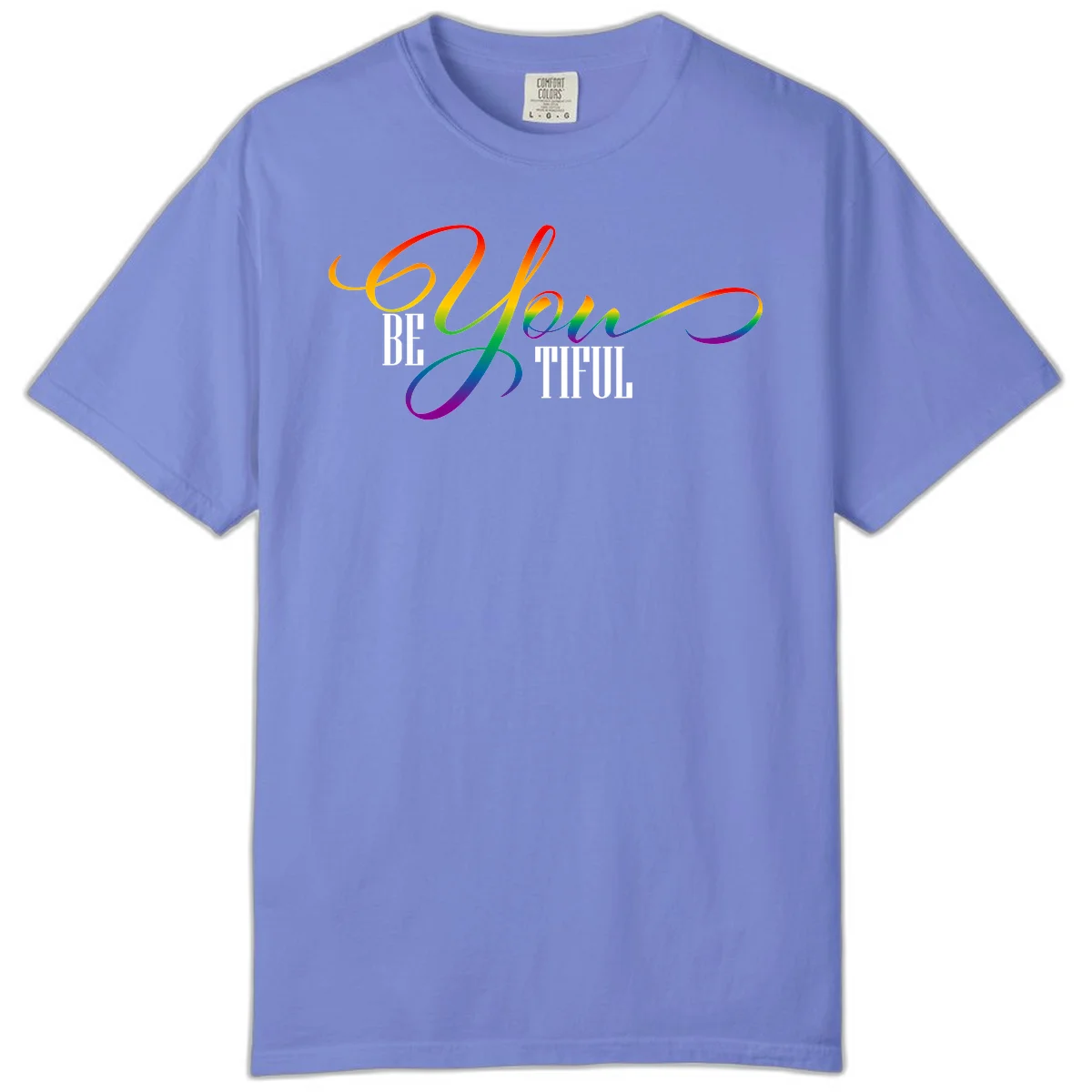 Colorful be-you-them-pride design with flowing rainbow gradient text transitioning from red to purple on gray background in Flo Blue
