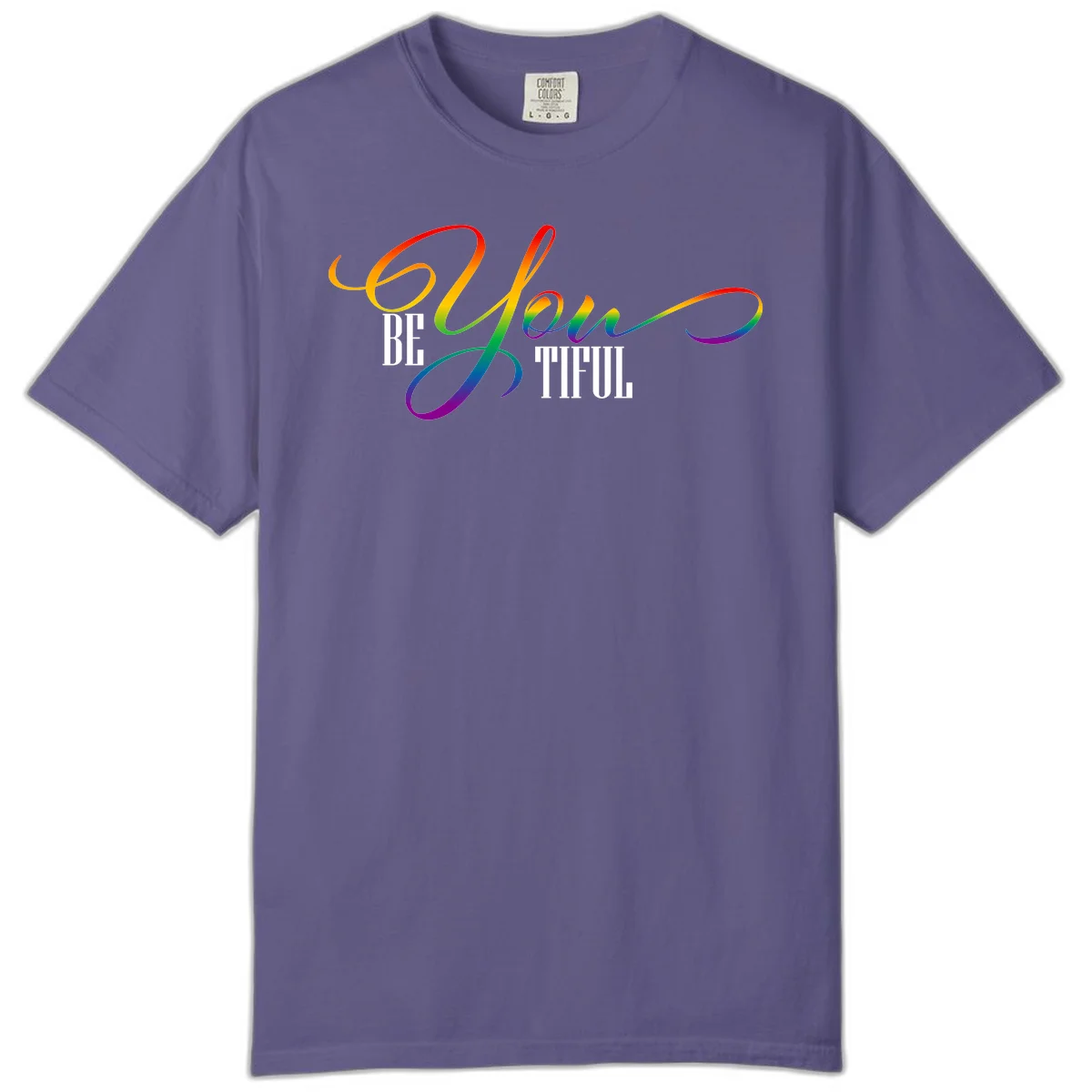Colorful be-you-them-pride design with flowing rainbow gradient text transitioning from red to purple on gray background in Grape