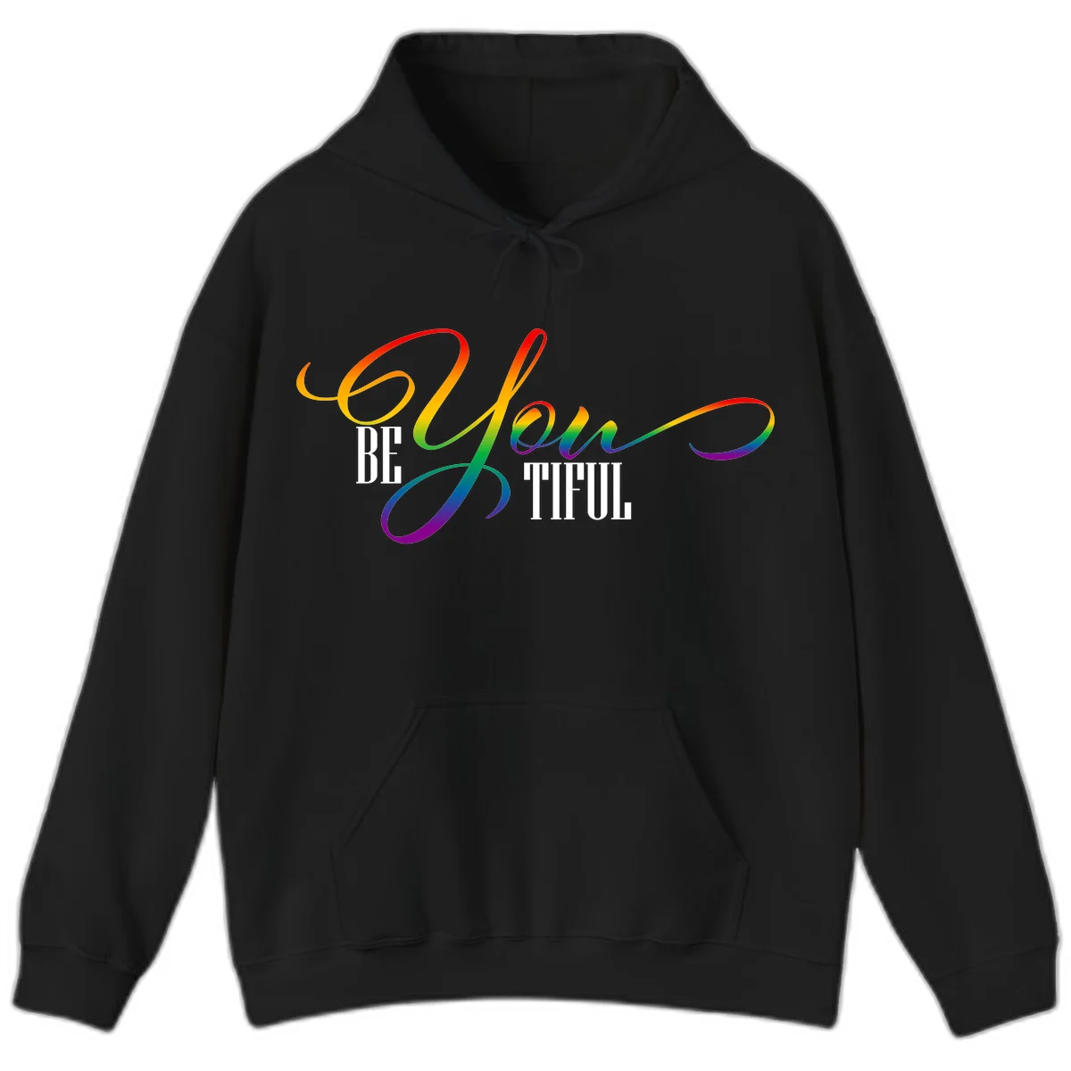 Colorful be-you-them-pride design with flowing rainbow gradient text transitioning from red to purple on gray background in Black