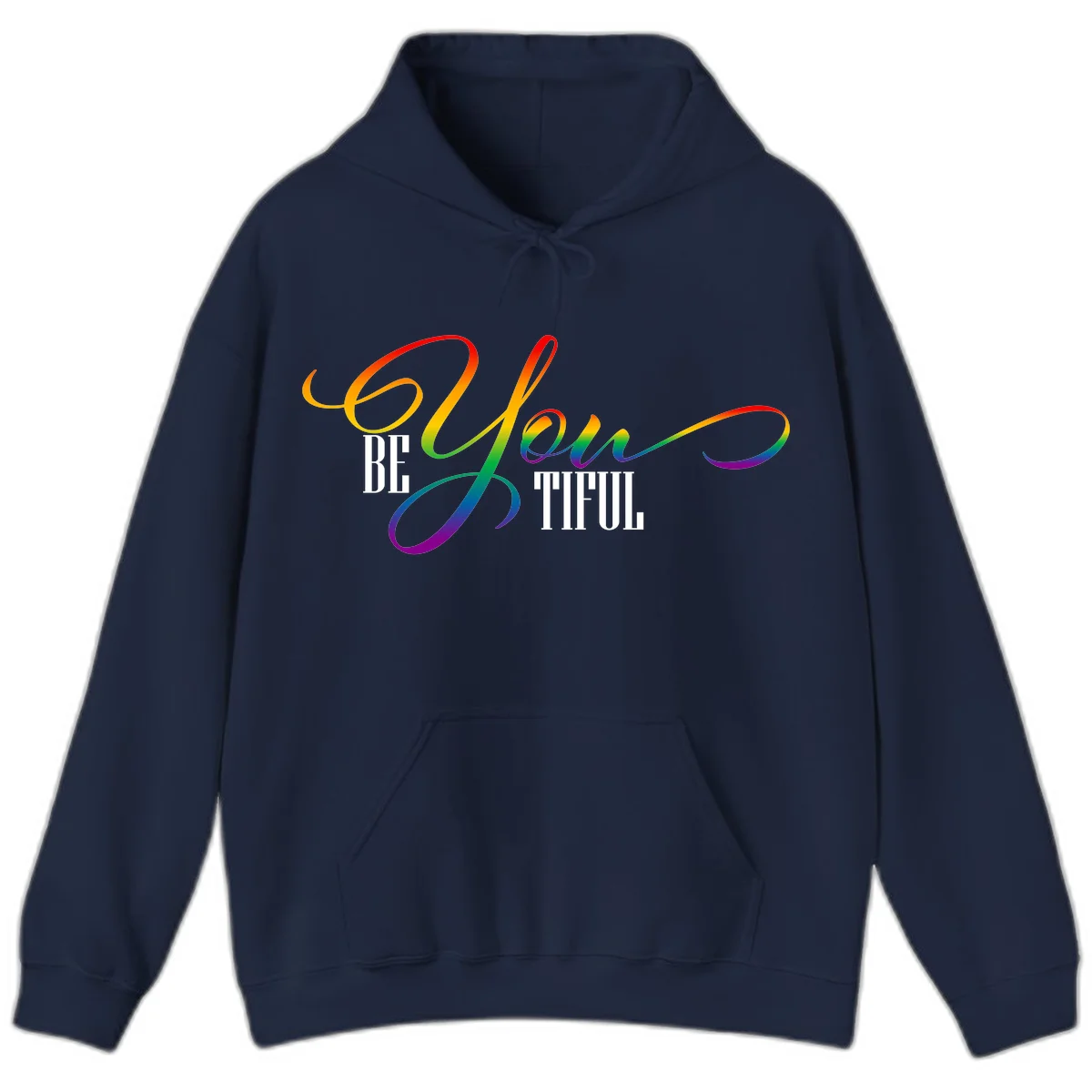 Colorful be-you-them-pride design with flowing rainbow gradient text transitioning from red to purple on gray background in Navy