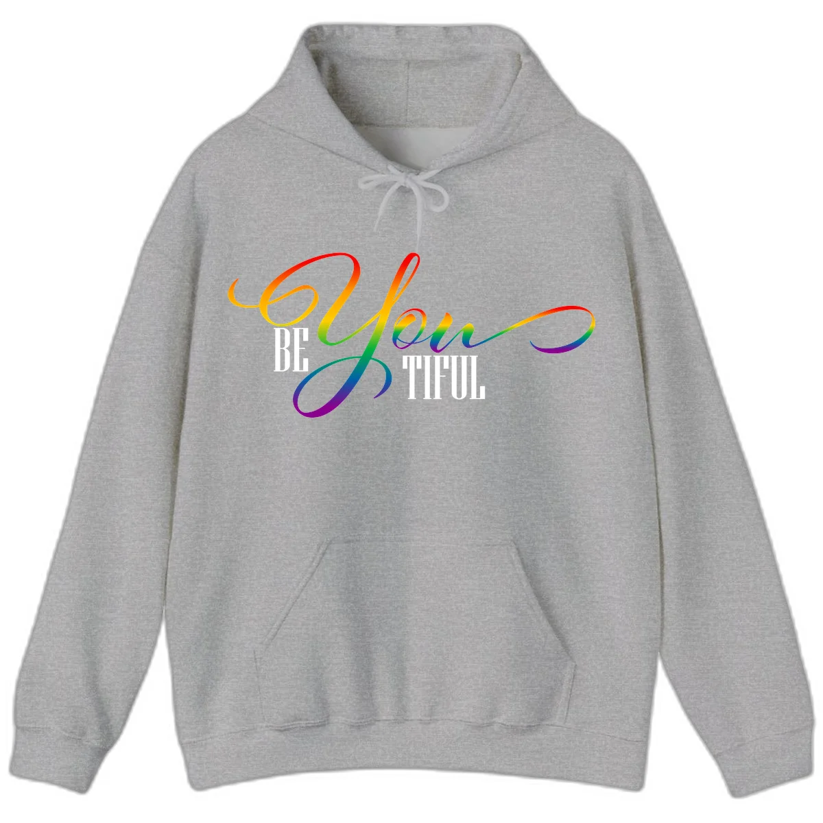Colorful be-you-them-pride design with flowing rainbow gradient text transitioning from red to purple on gray background in Sport Grey
