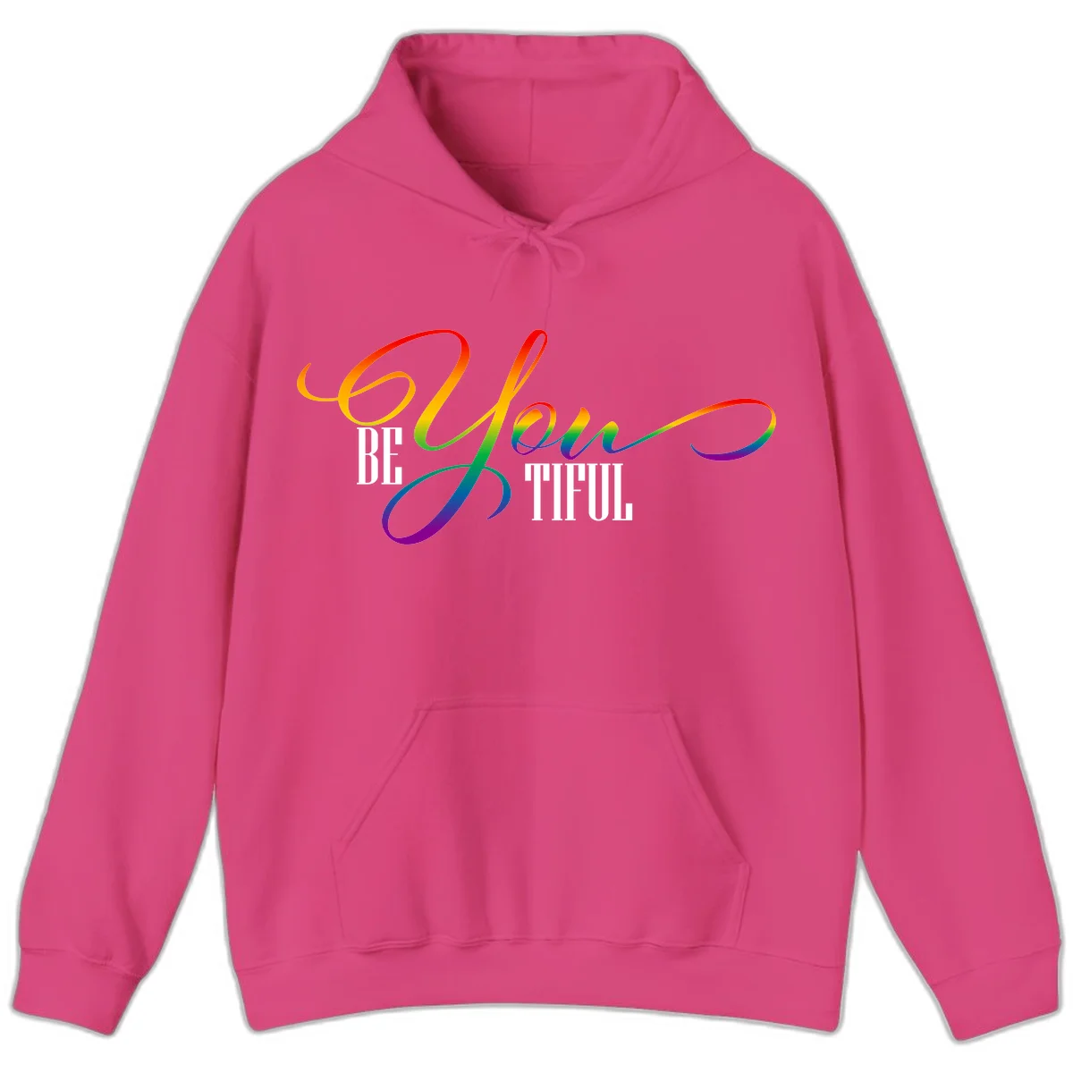 Colorful be-you-them-pride design with flowing rainbow gradient text transitioning from red to purple on gray background in Heliconia