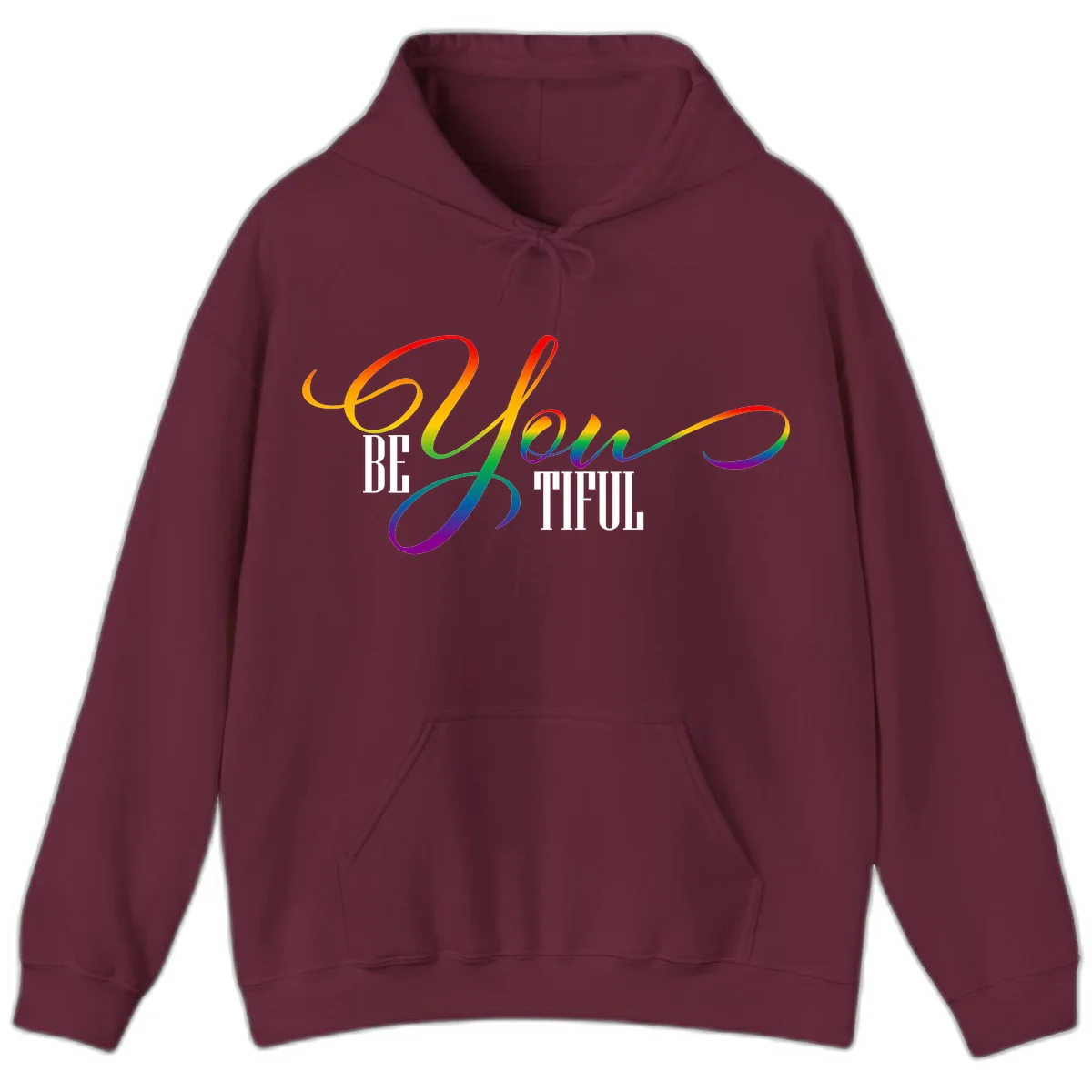 Colorful be-you-them-pride design with flowing rainbow gradient text transitioning from red to purple on gray background in Maroon