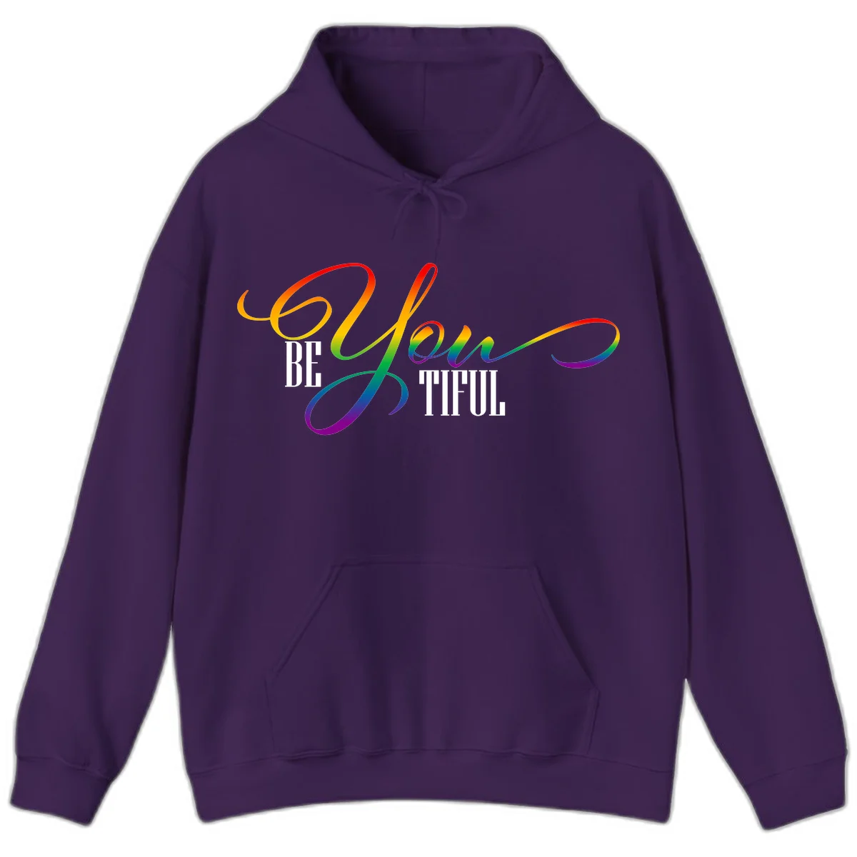 Colorful be-you-them-pride design with flowing rainbow gradient text transitioning from red to purple on gray background in Purple
