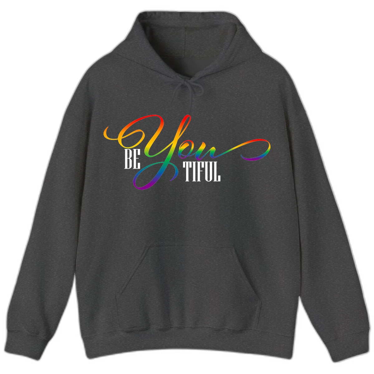 Colorful be-you-them-pride design with flowing rainbow gradient text transitioning from red to purple on gray background in Dark Heather
