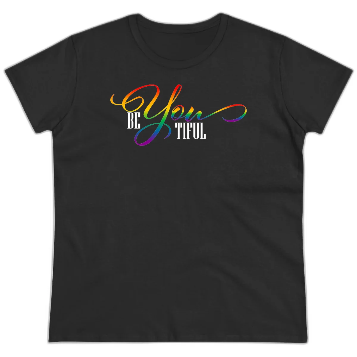 Colorful be-you-them-pride design with flowing rainbow gradient text transitioning from red to purple on gray background in Black