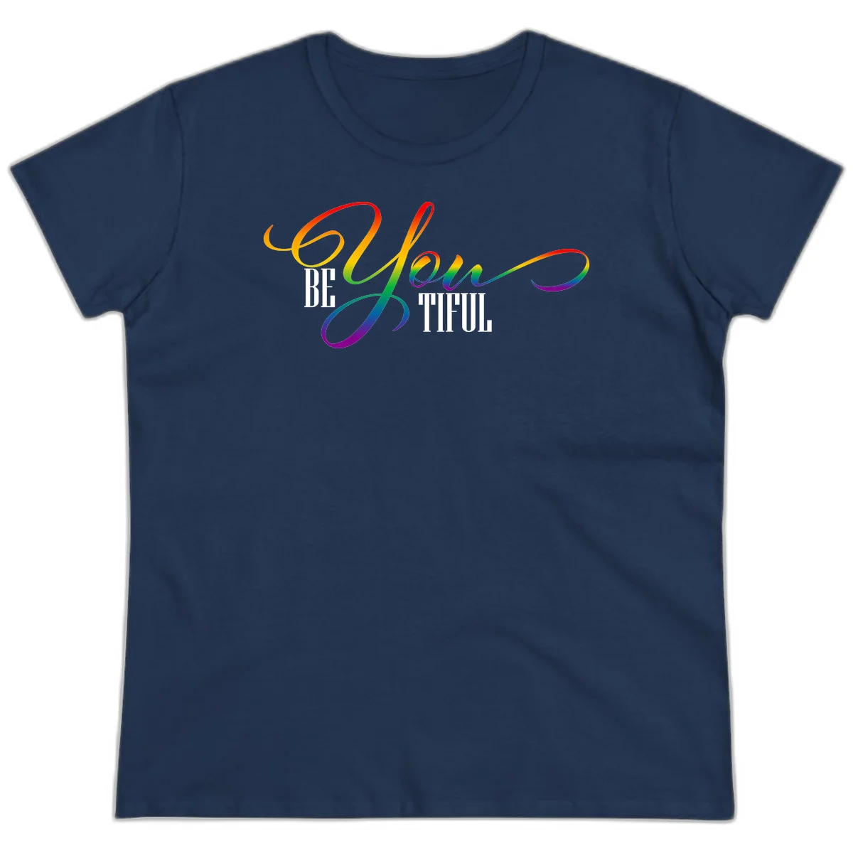 Colorful be-you-them-pride design with flowing rainbow gradient text transitioning from red to purple on gray background in Navy
