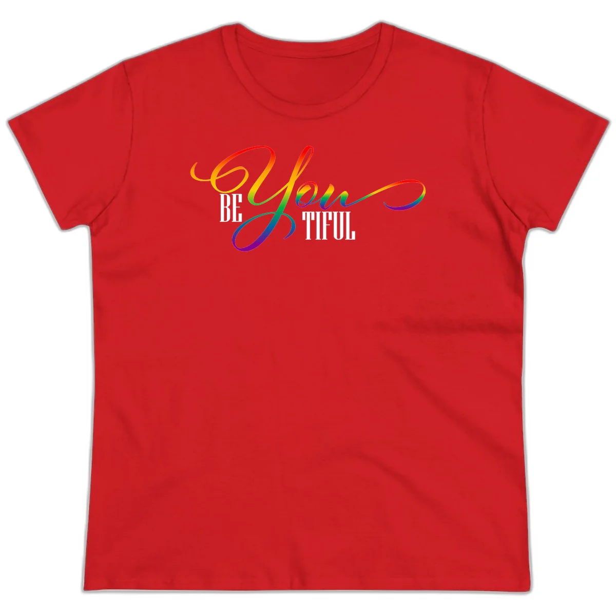 Colorful be-you-them-pride design with flowing rainbow gradient text transitioning from red to purple on gray background in Red