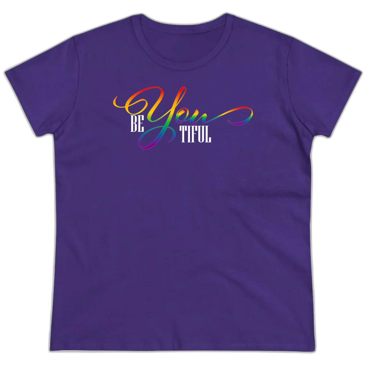 Colorful be-you-them-pride design with flowing rainbow gradient text transitioning from red to purple on gray background in Purple