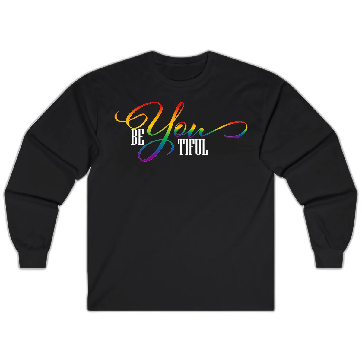 Colorful be-you-them-pride design with flowing rainbow gradient text transitioning from red to purple on gray background in Black