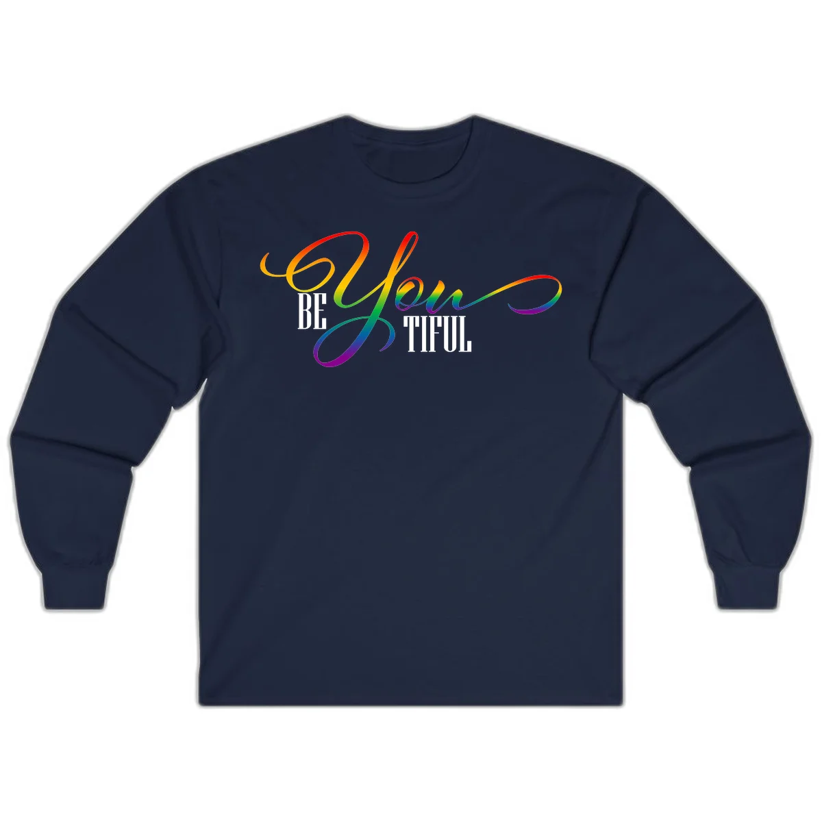 Colorful be-you-them-pride design with flowing rainbow gradient text transitioning from red to purple on gray background in Navy