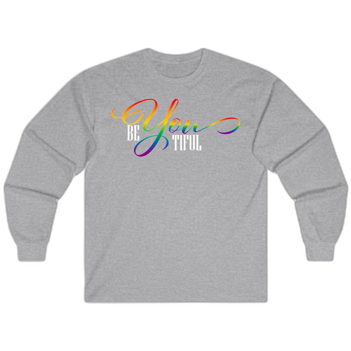 Colorful be-you-them-pride design with flowing rainbow gradient text transitioning from red to purple on gray background in Sport Grey