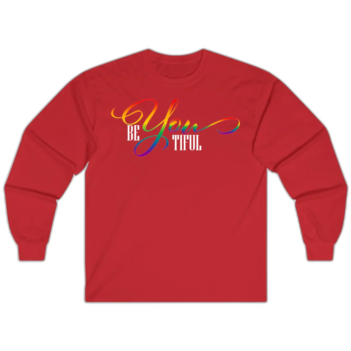 Colorful be-you-them-pride design with flowing rainbow gradient text transitioning from red to purple on gray background in Red