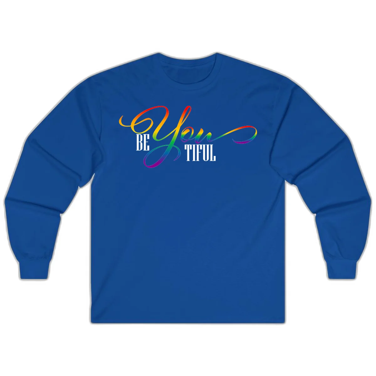 Colorful be-you-them-pride design with flowing rainbow gradient text transitioning from red to purple on gray background in Royal