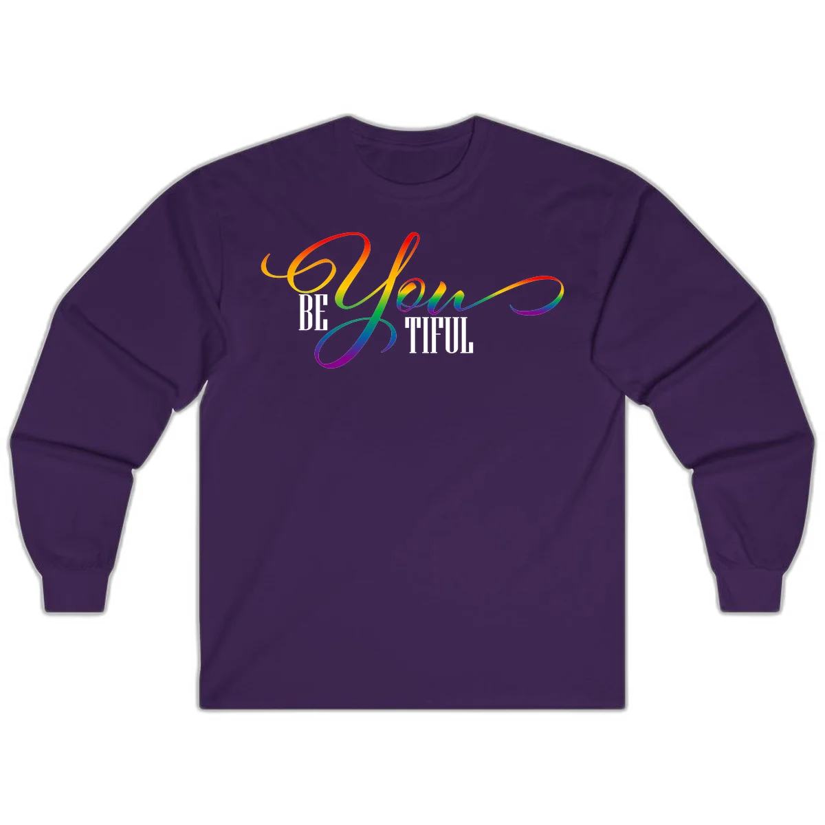 Colorful be-you-them-pride design with flowing rainbow gradient text transitioning from red to purple on gray background in Purple