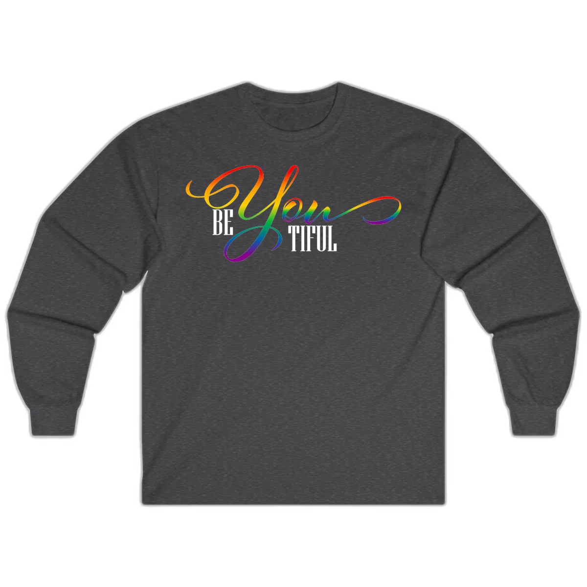 Colorful be-you-them-pride design with flowing rainbow gradient text transitioning from red to purple on gray background in Dark Heather