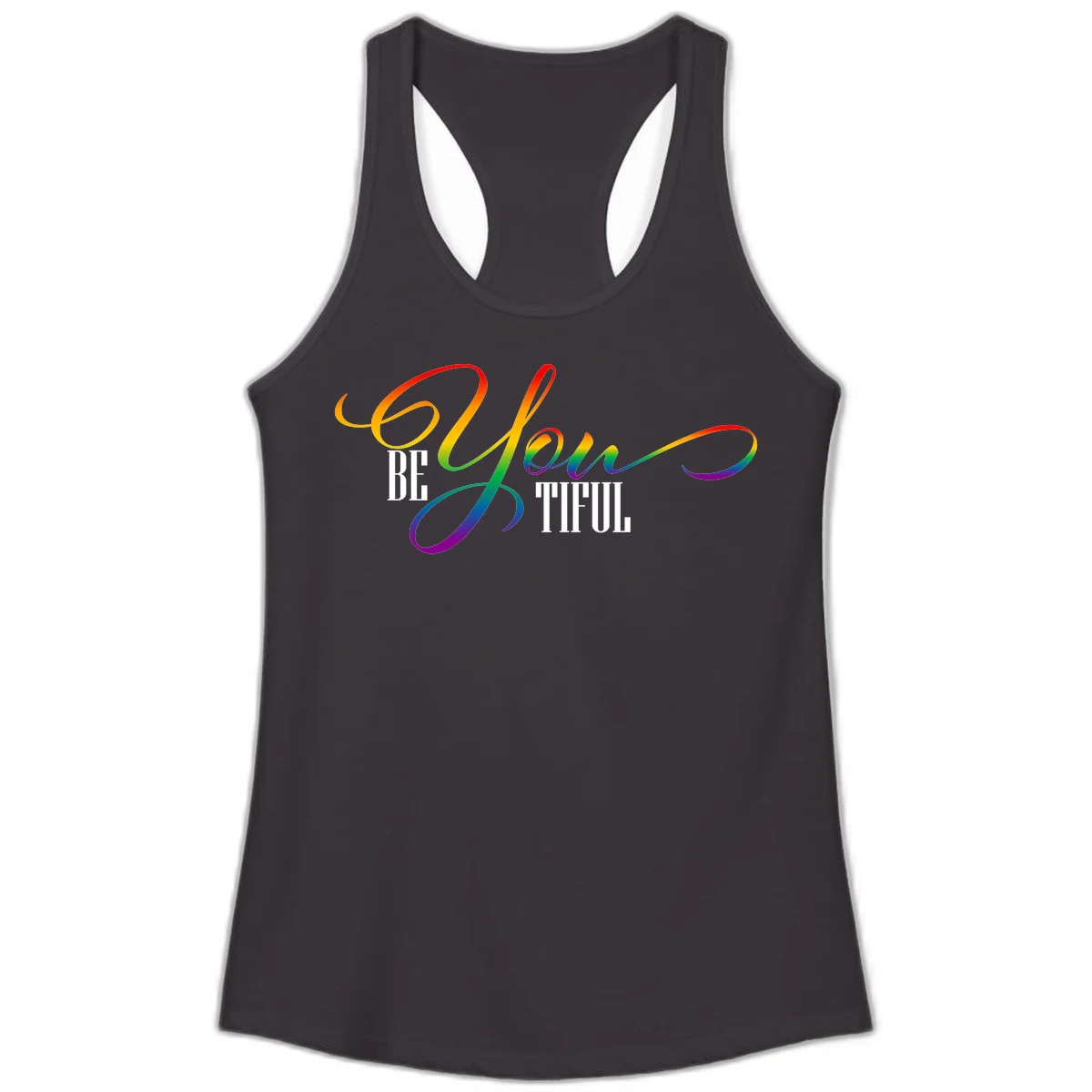 Colorful be-you-them-pride design with flowing rainbow gradient text transitioning from red to purple on gray background in Black