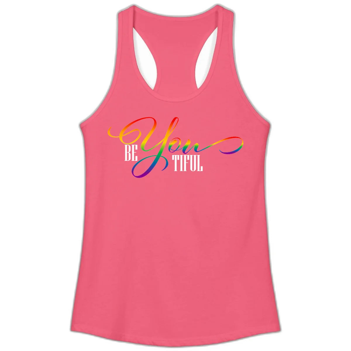 Colorful be-you-them-pride design with flowing rainbow gradient text transitioning from red to purple on gray background in Hot Pink