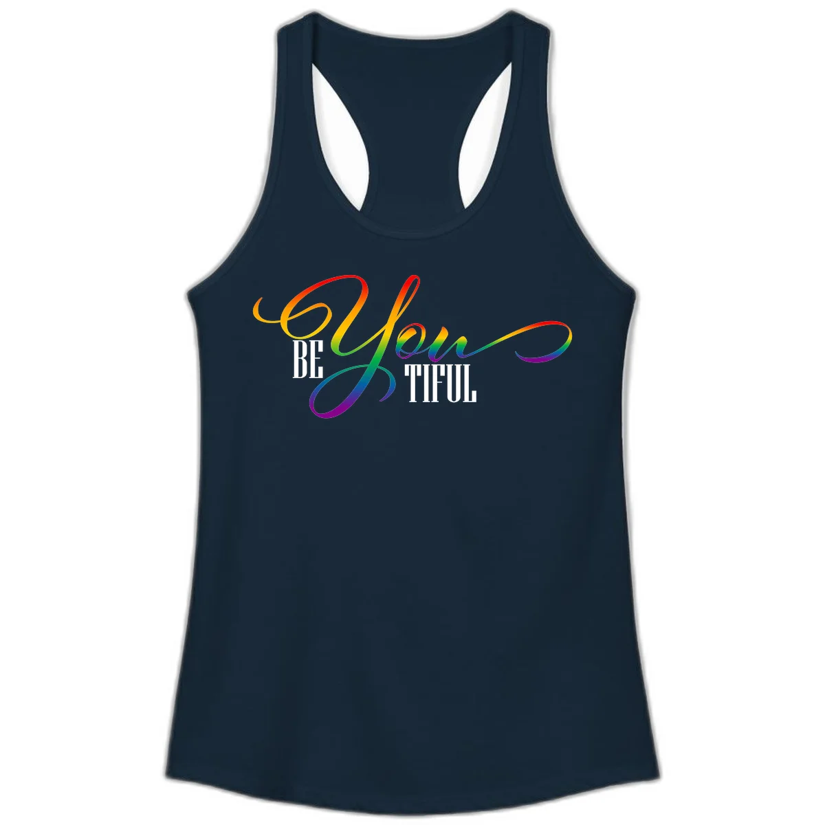 Colorful be-you-them-pride design with flowing rainbow gradient text transitioning from red to purple on gray background in Solid Midnight Navy