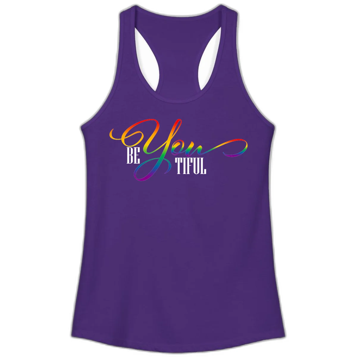 Colorful be-you-them-pride design with flowing rainbow gradient text transitioning from red to purple on gray background in Solid Purple Rush