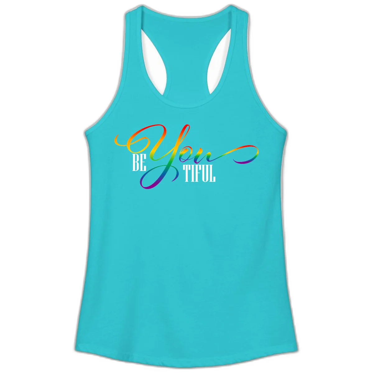 Colorful be-you-them-pride design with flowing rainbow gradient text transitioning from red to purple on gray background in Solid Tahiti Blue