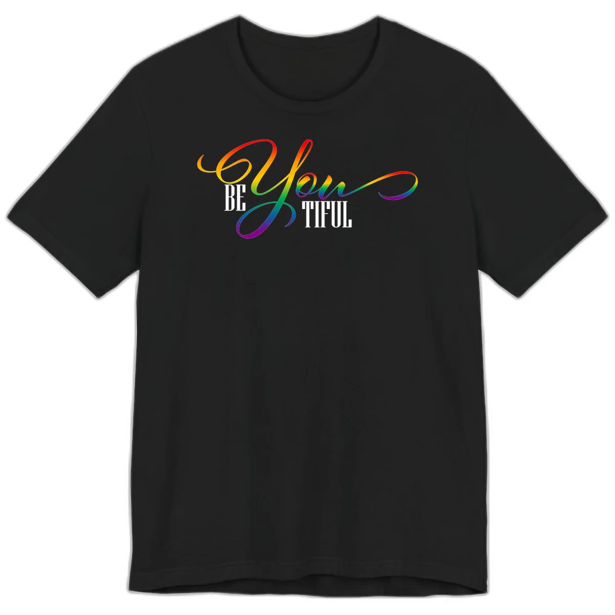 Colorful be-you-them-pride design with flowing rainbow gradient text transitioning from red to purple on gray background in Black