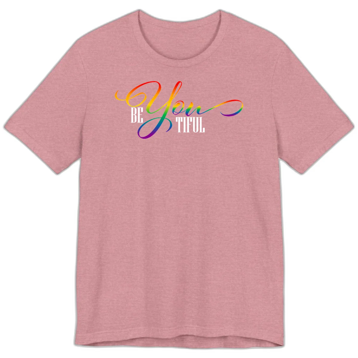 Colorful be-you-them-pride design with flowing rainbow gradient text transitioning from red to purple on gray background in Heather Orchid