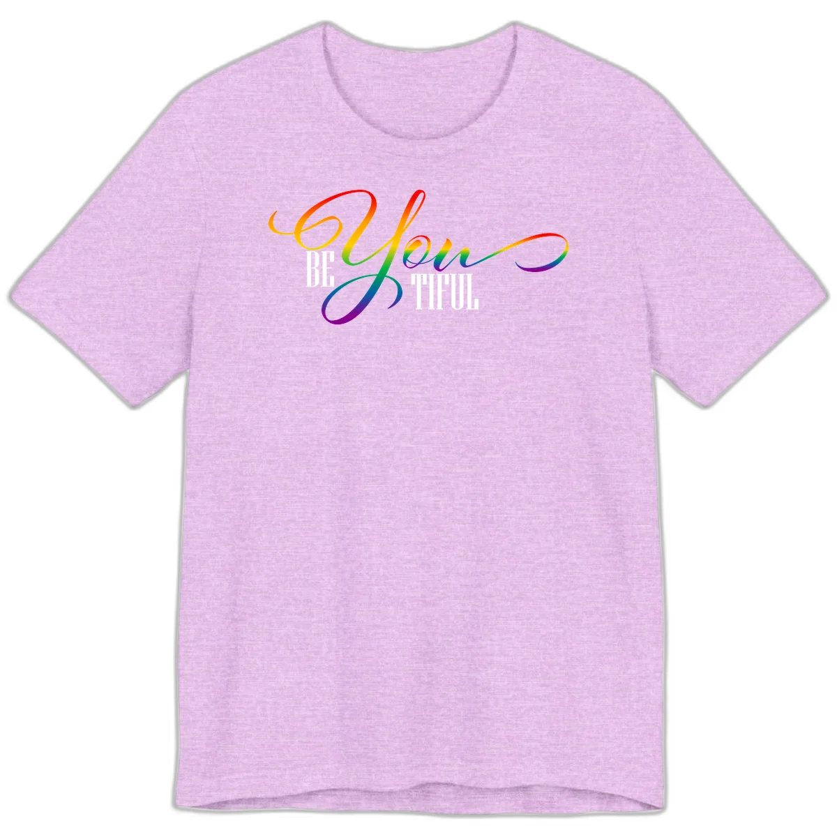 Colorful be-you-them-pride design with flowing rainbow gradient text transitioning from red to purple on gray background in Heather Prism Lilac