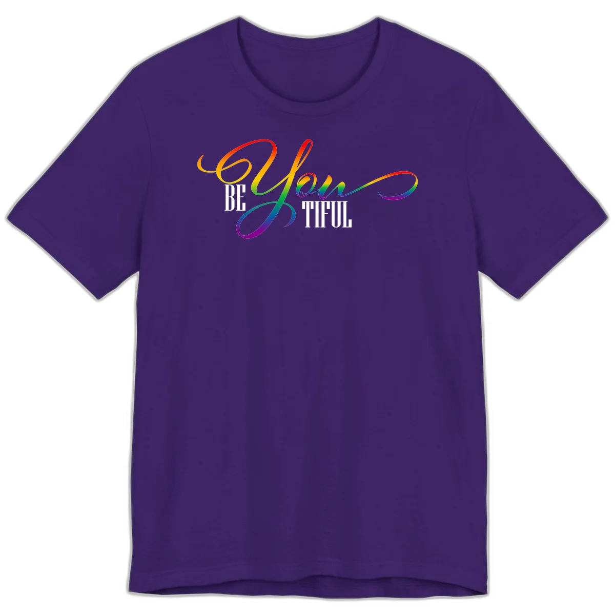 Colorful be-you-them-pride design with flowing rainbow gradient text transitioning from red to purple on gray background in Team Purple