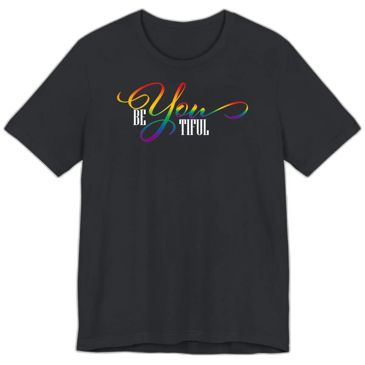 Colorful be-you-them-pride design with flowing rainbow gradient text transitioning from red to purple on gray background in Vintage Black