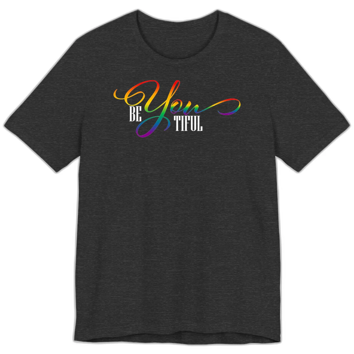 Colorful be-you-them-pride design with flowing rainbow gradient text transitioning from red to purple on gray background in Dark Grey Heather