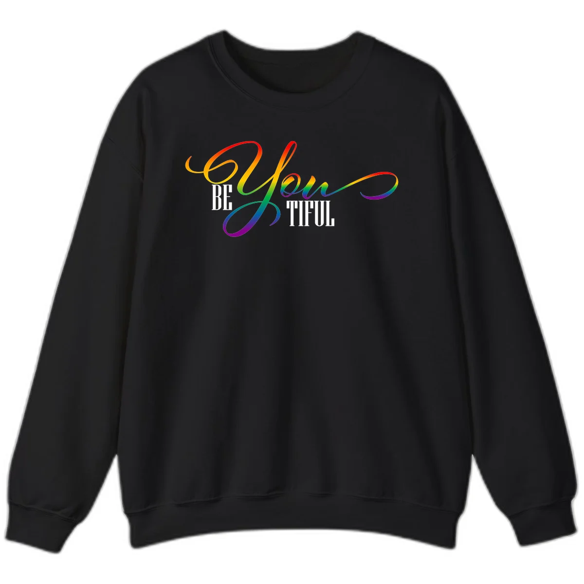 Colorful be-you-them-pride design with flowing rainbow gradient text transitioning from red to purple on gray background in Black
