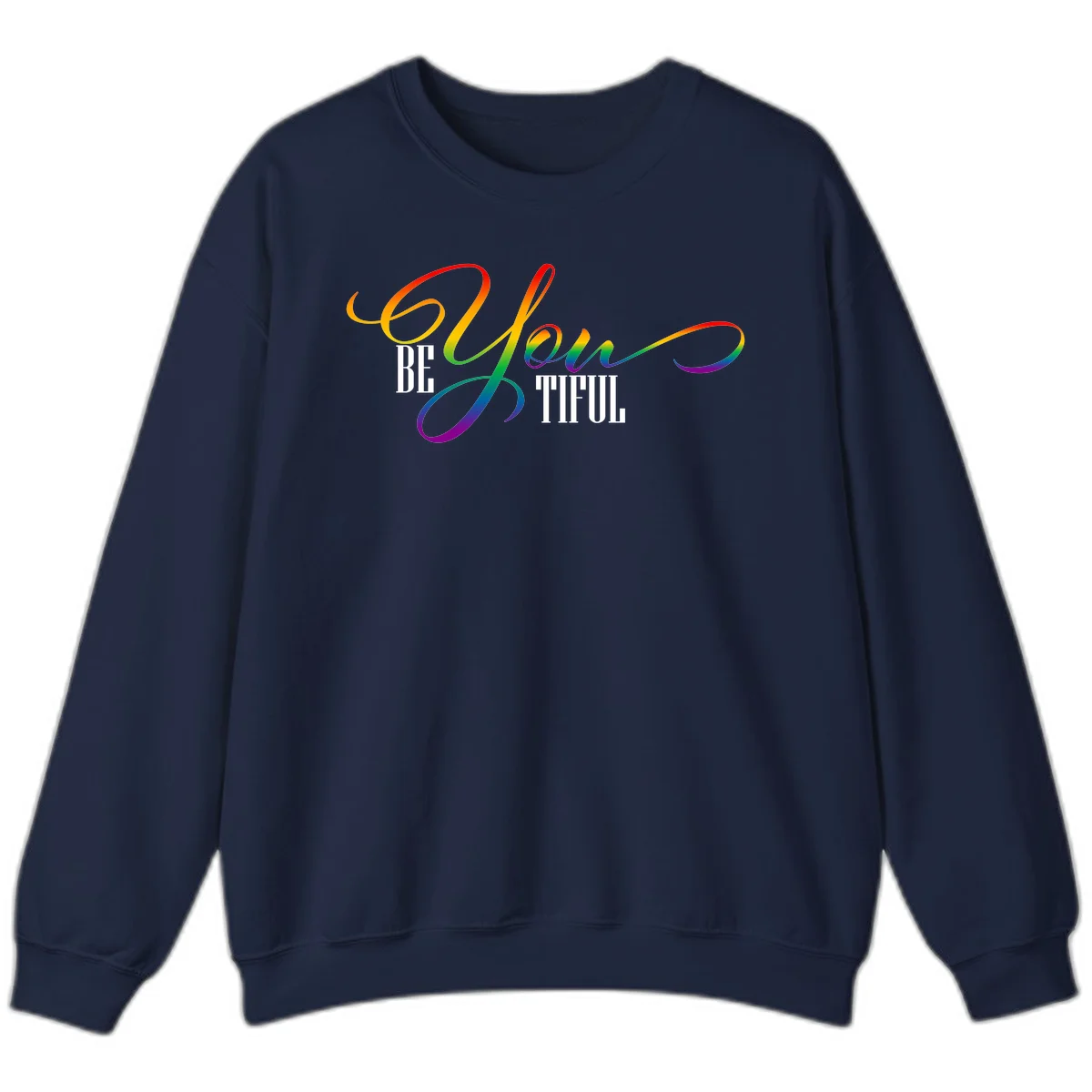 Colorful be-you-them-pride design with flowing rainbow gradient text transitioning from red to purple on gray background in Navy