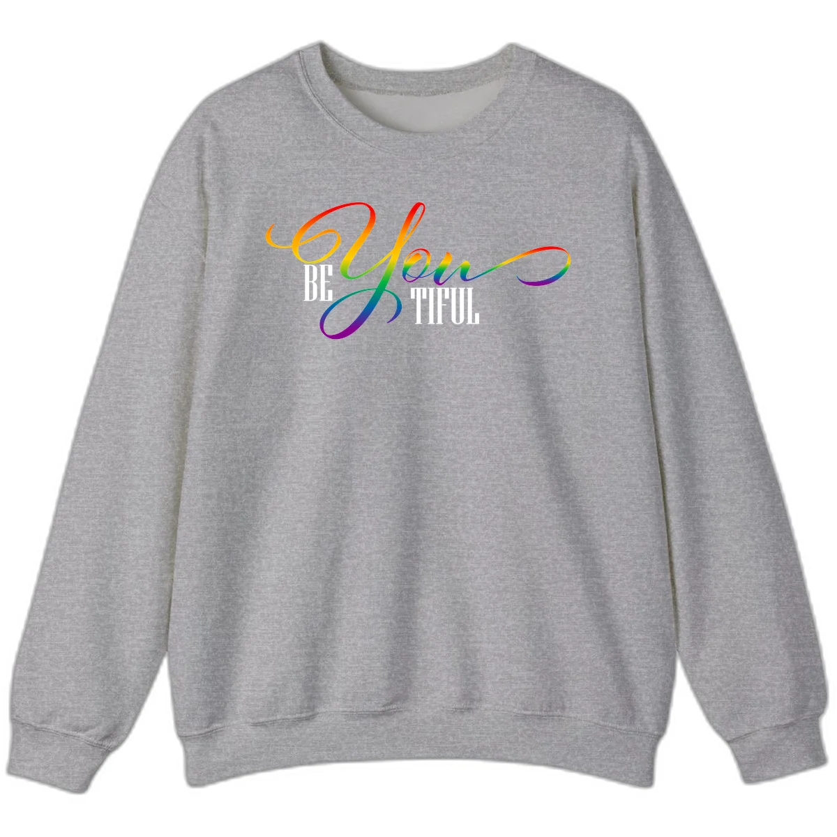 Colorful be-you-them-pride design with flowing rainbow gradient text transitioning from red to purple on gray background in Sport Grey