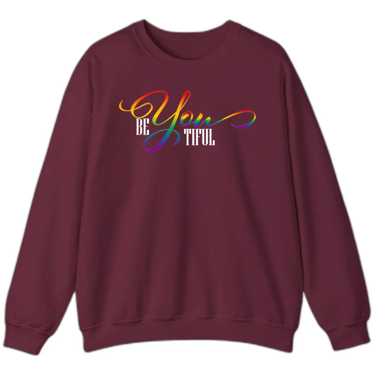 Colorful be-you-them-pride design with flowing rainbow gradient text transitioning from red to purple on gray background in Maroon