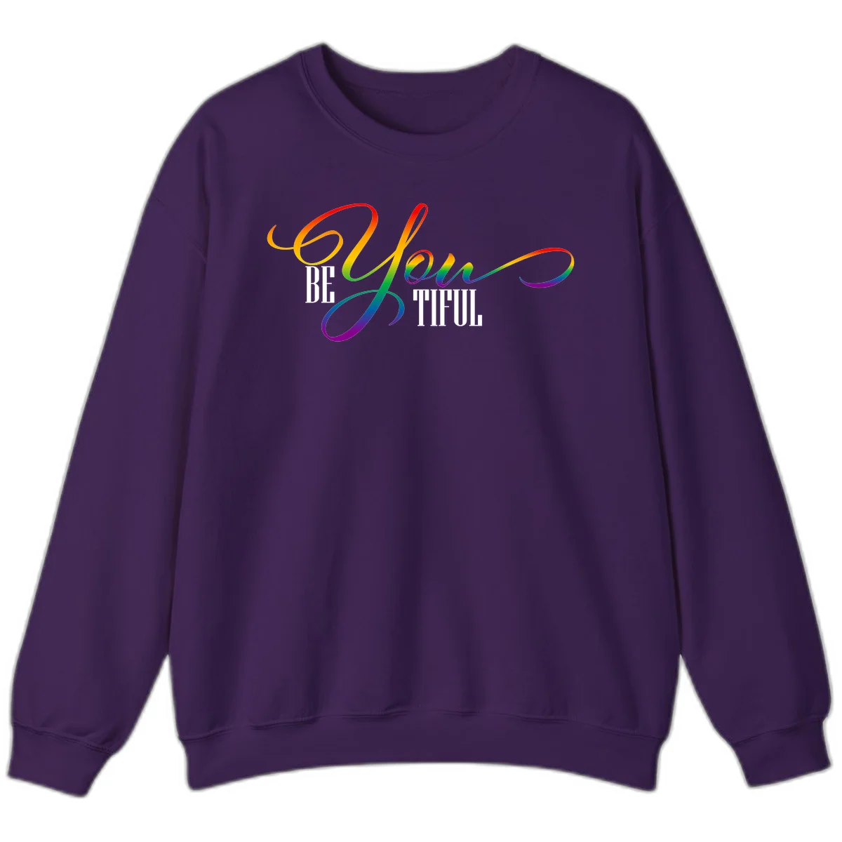 Colorful be-you-them-pride design with flowing rainbow gradient text transitioning from red to purple on gray background in Purple