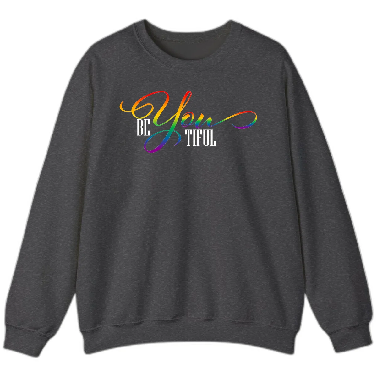 Colorful be-you-them-pride design with flowing rainbow gradient text transitioning from red to purple on gray background in Dark Heather
