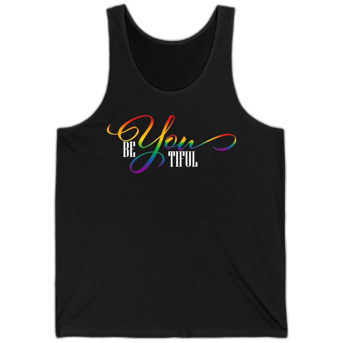 Colorful be-you-them-pride design with flowing rainbow gradient text transitioning from red to purple on gray background in Black