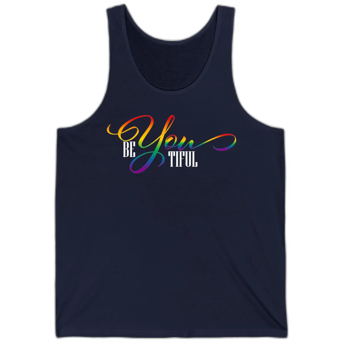 Colorful be-you-them-pride design with flowing rainbow gradient text transitioning from red to purple on gray background in Navy