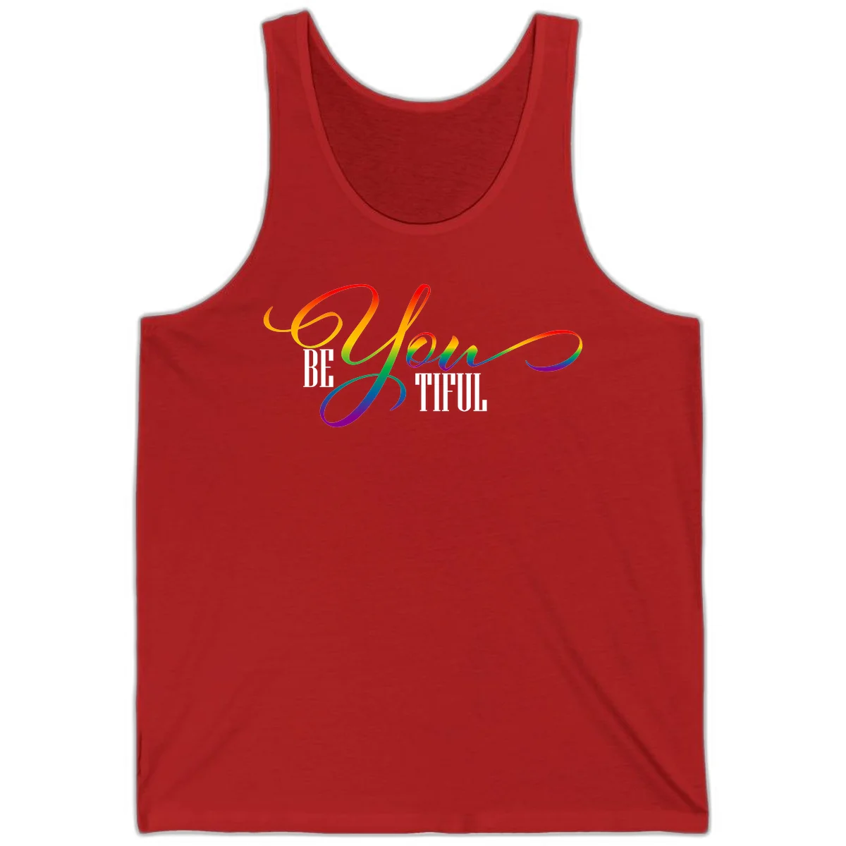 Colorful be-you-them-pride design with flowing rainbow gradient text transitioning from red to purple on gray background in Red