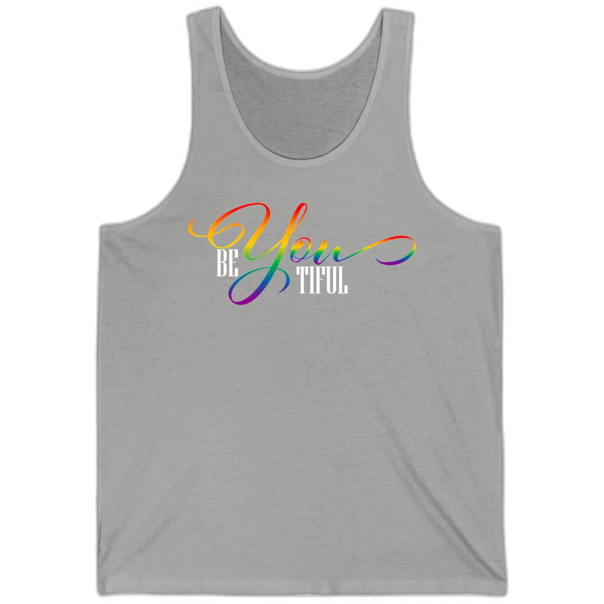 Colorful be-you-them-pride design with flowing rainbow gradient text transitioning from red to purple on gray background in Athletic Heather