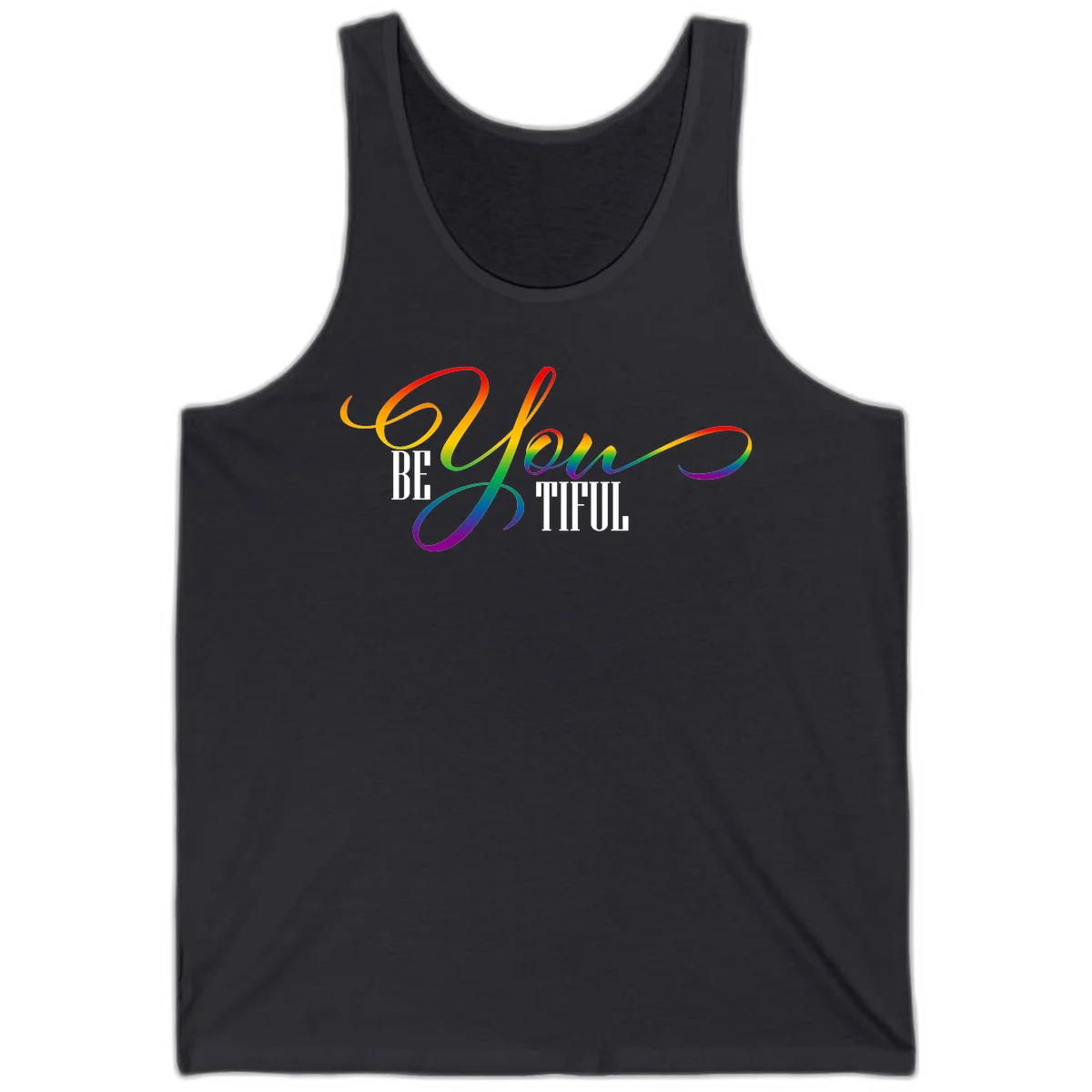 Colorful be-you-them-pride design with flowing rainbow gradient text transitioning from red to purple on gray background in Dark Grey