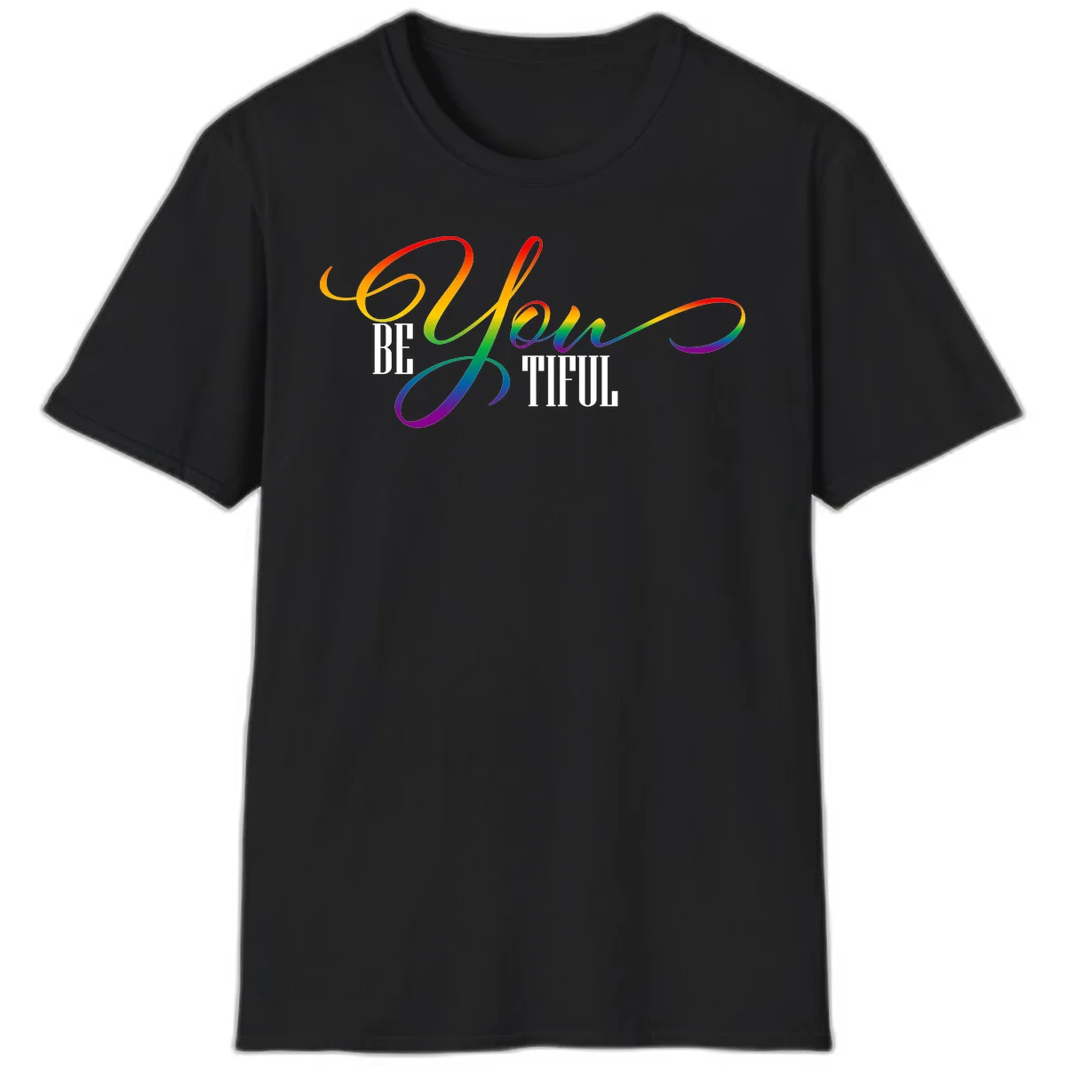 Colorful be-you-them-pride design with flowing rainbow gradient text transitioning from red to purple on gray background in Black