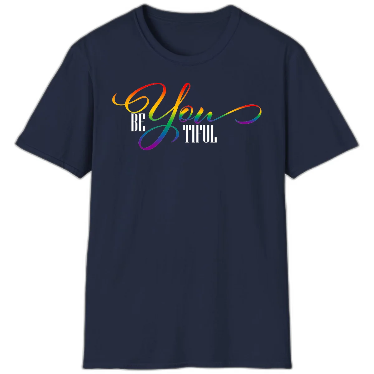 Colorful be-you-them-pride design with flowing rainbow gradient text transitioning from red to purple on gray background in Navy