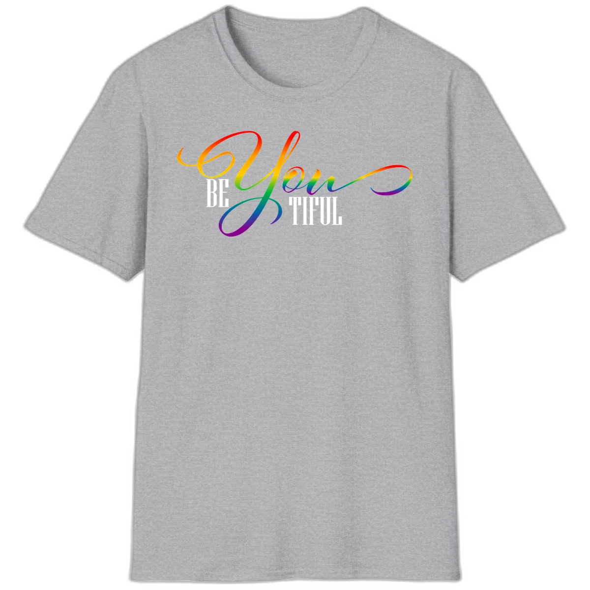 Colorful be-you-them-pride design with flowing rainbow gradient text transitioning from red to purple on gray background in Sport Grey