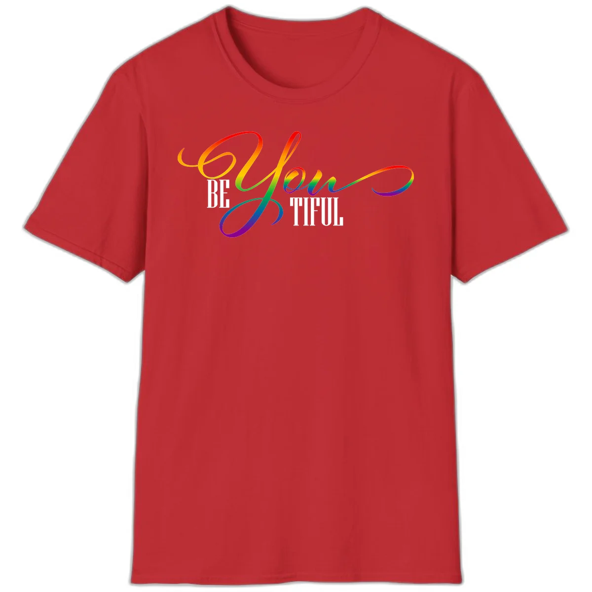Colorful be-you-them-pride design with flowing rainbow gradient text transitioning from red to purple on gray background in Red