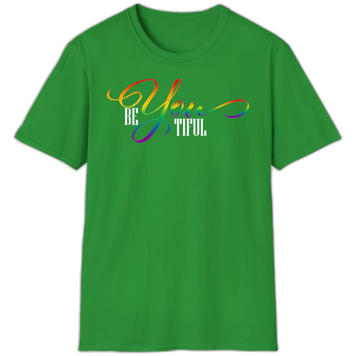 Colorful be-you-them-pride design with flowing rainbow gradient text transitioning from red to purple on gray background in Irish Green